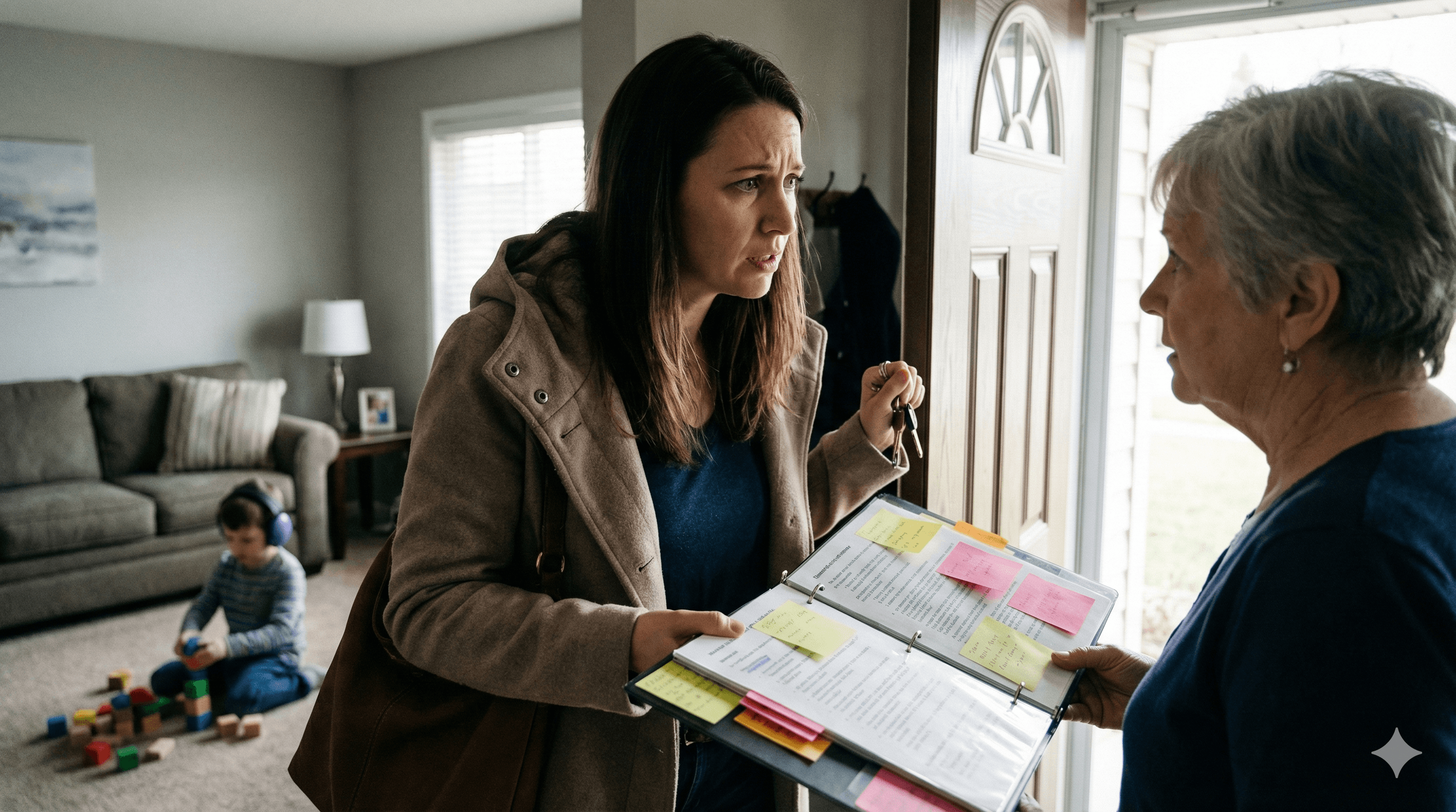 Mother handing care instructions to caregiver while child plays